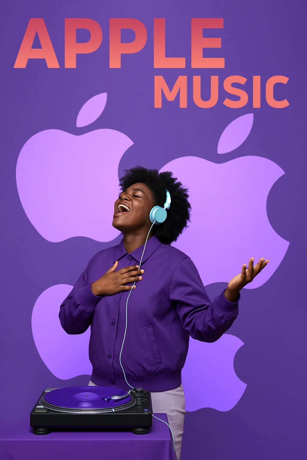 Apple Music Promotion Picture with a Woman singing and apple logos in the background