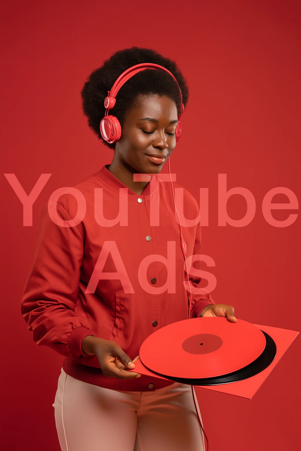 Picture of a womand with a record in her hand, red background